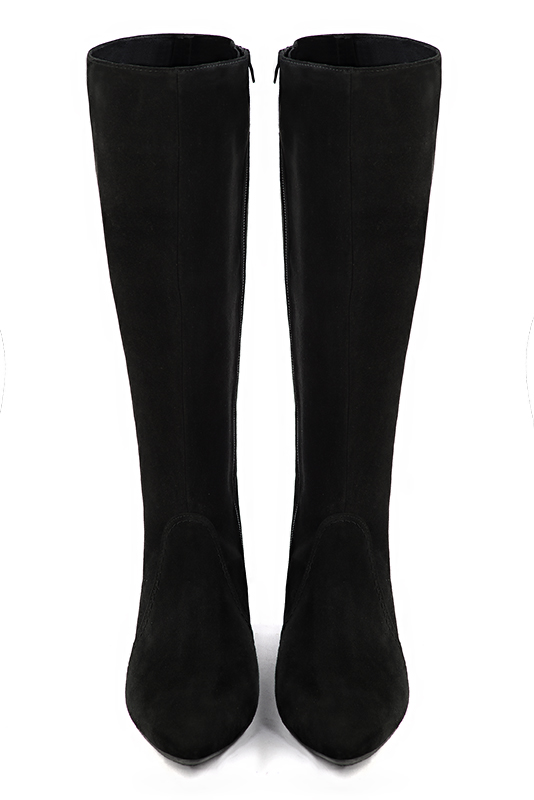 Matt black women's feminine knee-high boots. Tapered toe. Low flare heels. Made to measure. Top view - Florence KOOIJMAN